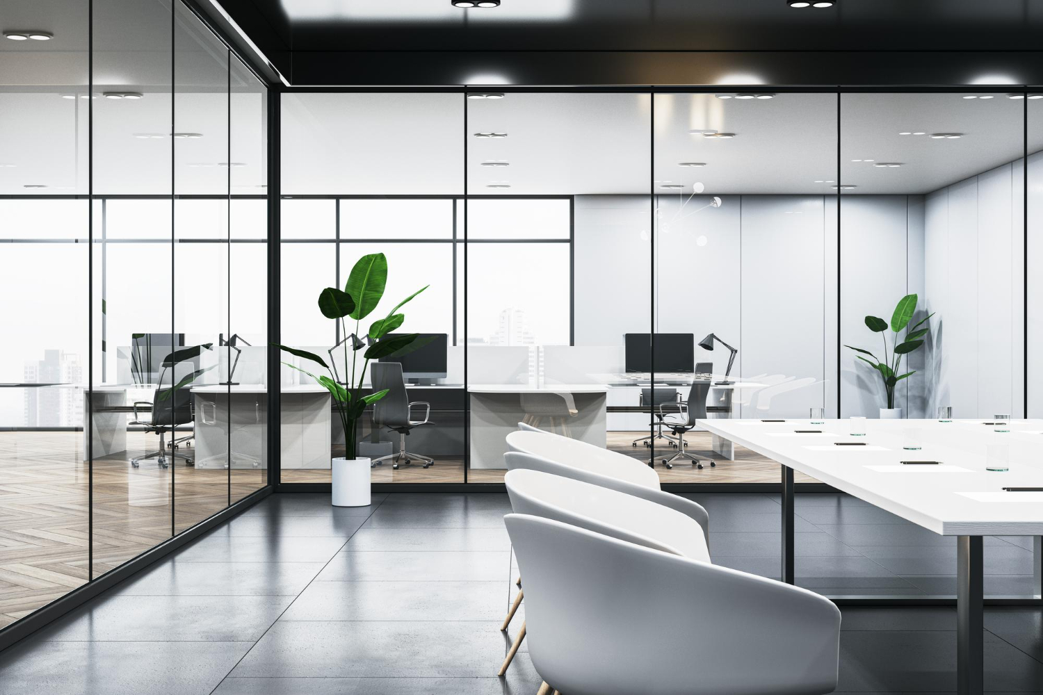 nowoczesne-drewniane-betonowe-i-szklane-wnetrza-sali-konferencyjnej-z-meblami-i-sciankami-koncepcja-miejsca-pracy-rendering-3d automatyka budynkowa dla firm